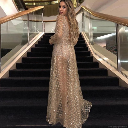 Women Sexy Deep V Neck Backless Sequin Maxi Dress Elegant Long Sleeve Mesh Formal Evening Gown For Wedding Party Banquet Gold Black