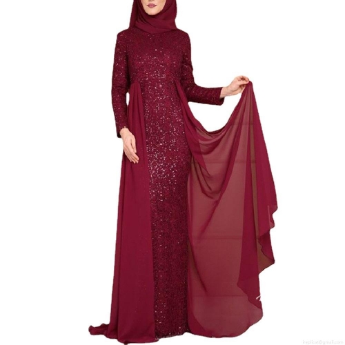 Women's Sequin Maxi Dress With Hijab Muslim Abaya Long Sleeve Chiffon Patchwork Elegant Slim Fit Formal Party Gown For Banquet Wedding Modest Evening Wear