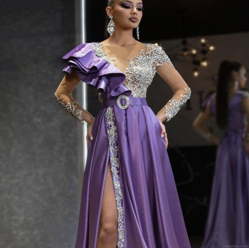 Elegant Purple Satin Sequin Evening Dress High Slit V-Neck Ruffle Long Sleeve Formal Party Gown For Women Prom Wedding Guest Dress With Rhinestone Belt