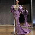 Women's Luxury Purple Satin Sequin Evening Dress With Puff Sleeves High Slit Mermaid Gown For Wedding Party Elegant Rhinestone Formal Long Prom Dress
