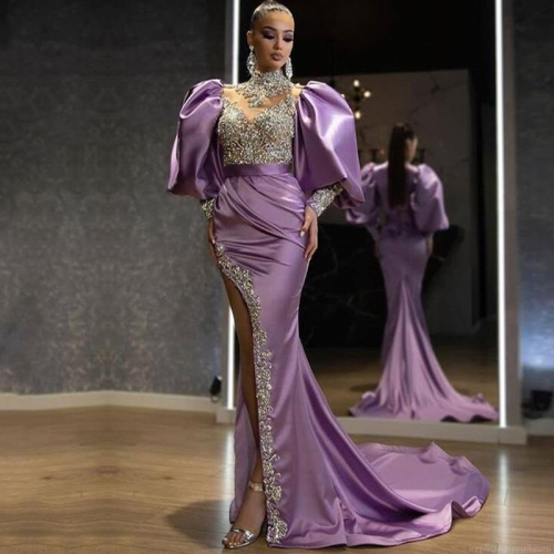 Women's Luxury Purple Satin Sequin Evening Dress With Puff Sleeves High Slit Mermaid Gown For Wedding Party Elegant Rhinestone Formal Long Prom Dress