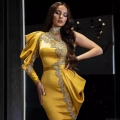 Yellow Satin One-Shoulder Evening Gown Luxury Rhinestone High Neck Maxi Dress For Women Wedding Party Banquet Elegant Formal Long Dress