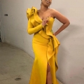 Women's Elegant One Shoulder Ruffle Evening Gown Sexy High Slit Slim Fit Floor Length Polyester Sequin Maxi Dress for Wedding Party Formal Event