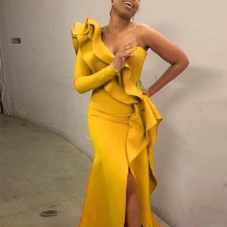 Women's Elegant One Shoulder Ruffle Evening Gown Sexy High Slit Slim Fit Floor Length Polyester Sequin Maxi Dress for Wedding Party Formal Event