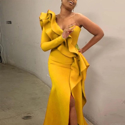 Women's Elegant One Shoulder Ruffle Evening Gown Sexy High Slit Slim Fit Floor Length Polyester Sequin Maxi Dress for Wedding Party Formal Event