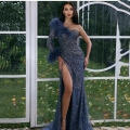 Elegant Dark Blue Sequin One Shoulder Evening Gown With Feather Trim High Slit Single Long Sleeve Maxi Prom Dress For Women Formal Party Gala Wedding Host Vestido