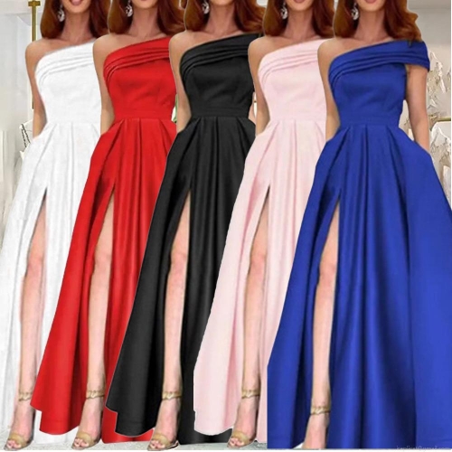 Elegant One Shoulder Satin Evening Gown High Slit Floor Length Party Dress For Women Formal Sexy Birthday Banquet Prom Maxi Dress