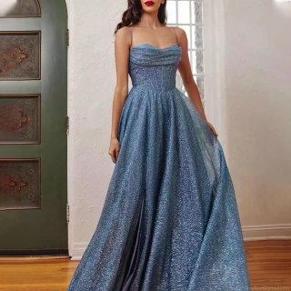 Elegant Sexy Sequin Glitter Maxi Evening Dress For Women V-Neck High Slit Backless Lace-Up Spaghetti Strap Party Wedding Prom Gown