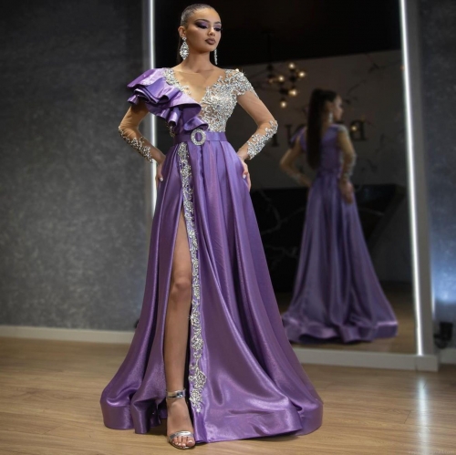 Women's Elegant Purple Satin Sequin Evening Dress Luxury V-Neck Long Sleeve High Slit Maxi Gown With Rhinestone Belt For Wedding Party Gala Prom