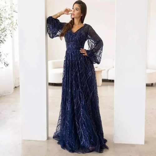 Elegant Sequin Evening Dress For Women V-Neck Mesh Embroidery Long Lantern Sleeve Maxi Dress Wedding Party Banquet Formal Prom Gown With Belt