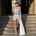 Elegant Light Blue Satin Tube Top Mini Dress With Pearl Chain Decoration Ruched Asymmetrical Long Tail Bodycon Party Evening Formal Dress For Women