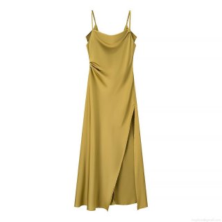 Women's Elegant Satin Cowl Neck Slip Maxi Dress Backless High Slit Evening Party Dress Solid Mustard Gold Formal Gown