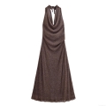 Women Sexy Halter Cowl Neck Backless Maxi Dress Elegant Metallic Sparkly Bodycon Evening Long Dress Party Night Out Wedding Guest Celebrity Style Dress