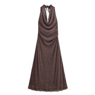 Women Sexy Halter Cowl Neck Backless Maxi Dress Elegant Metallic Sparkly Bodycon Evening Long Dress Party Night Out Wedding Guest Celebrity Style Dress
