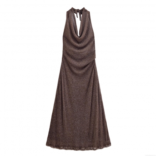 Women Sexy Halter Cowl Neck Backless Maxi Dress Elegant Metallic Sparkly Bodycon Evening Long Dress Party Night Out Wedding Guest Celebrity Style Dress