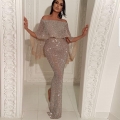 Women's Luxury Sequin Off-the-Shoulder Evening Gown Elegant Ruffle Cape Sleeve Mermaid Maxi Dress For Wedding Party Banquet Formal Occasions