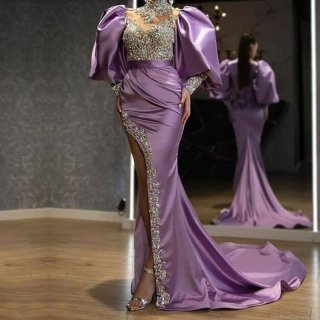 Elegant Purple Satin Sequin Evening Dress Luxury Puff Sleeve High Split Trailing Gown For Wedding Party Banquet Women Formal Wear