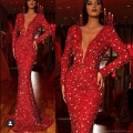 Women's Elegant Red Sequin V-Neck Long Sleeve Mermaid Evening Gown Slim Fit Floor Length Polyester Formal Party Dress