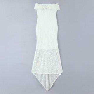 Elegant White Lace Fishtail Maxi Dress with Detachable Faux Fur Stole Off-Shoulder Slim Fit High Elastic Rose Evening Party Wedding Gown Women