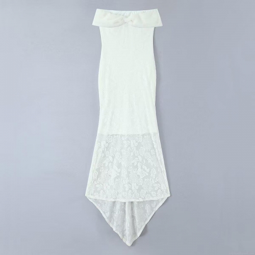 Elegant White Lace Fishtail Maxi Dress with Detachable Faux Fur Stole Off-Shoulder Slim Fit High Elastic Rose Evening Party Wedding Gown Women