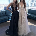 Women's Elegant Sleeveless Deep V Neck Lace Evening Dress Sequin Embroidery Mesh Floor Length Wedding Party Gown Formal Maxi Dress