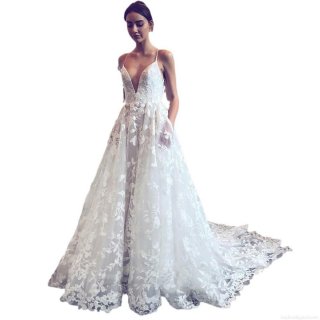 Elegant White Floral Lace Embroidery Wedding Dress Sexy V Neck Spaghetti Strap Open Back Polyester Maxi Dress Floor Length Party Evening Gown For Women
