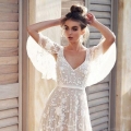 Elegant White Lace Embroidery V-Neck Backless Butterfly Sleeve Maxi Dress Bohemian Wedding Party Women Polyester Acetate Fiber Bridal Gown