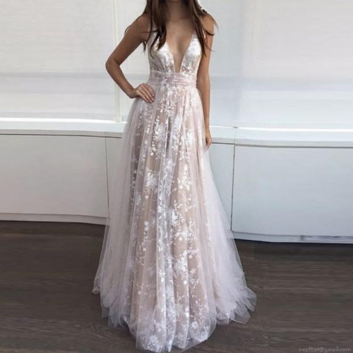 Women's Elegant Lace Mesh Long Evening Gown Sexy Deep V-Neck Backless Floral Embroidery Wedding Dress Banquet Party Maxi Dress
