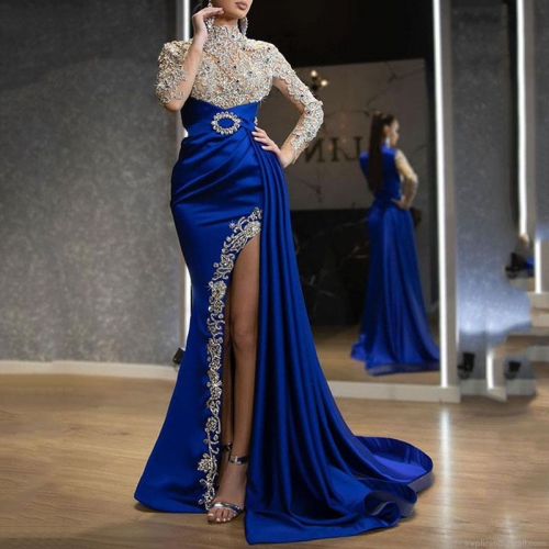 Elegant Royal Blue Satin Evening Gown For Women Long Sleeves High Neck Rhinestone Embroidered High Split Formal Party Dress Luxury Maxi Gown
