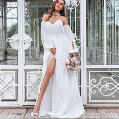 Elegant White Off-Shoulder Wedding Dress Organza Puff Sleeve High Slit V-Neck Lace Polyester Chiffon Evening Banquet Party Long Gown Slim Formal Dress