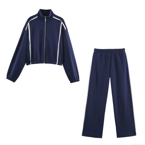 Women's Navy Blue Casual Set Loose Stand Collar Zipper Sweatshirt and Wide Leg Pants Two-Piece Outfit with White Lace Trim Sporty Loungewear Tracksuit for Autumn