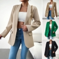 Women's Mid-Length Blazer Jacket Casual Solid Color Open Front Suit Coat With Pockets For Office Business Commute Elegant Long Sleeve Outerwear