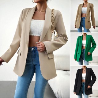 Women's Mid-Length Blazer Jacket Casual Solid Color Open Front Suit Coat With Pockets For Office Business Commute Elegant Long Sleeve Outerwear