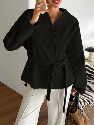 Women's Casual Blazer Jacket Polyester Viscose Blend Belted Waist Long Sleeve V-Neck Suit Outerwear for Holiday Office Streetwear Fashion Ladies