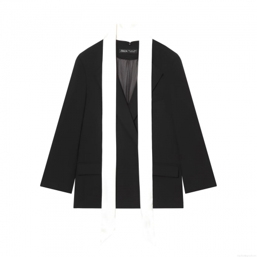 Women's Loose Blazer Jacket With Contrast Scarf Detail Long Sleeve Polyester Solid Color Commuting Style British Design Casual Outerwear