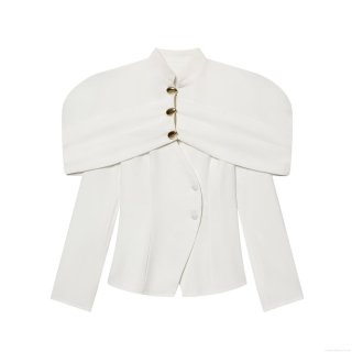 Women's Elegant Solid Color 100% Polyester Suit Jacket Off-Shoulder Design Blazer With Gold Metal Buttons Long Sleeve Slim Fit Outerwear For Office Lady Party