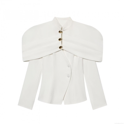 Women's Elegant Solid Color 100% Polyester Suit Jacket Off-Shoulder Design Blazer With Gold Metal Buttons Long Sleeve Slim Fit Outerwear For Office Lady Party