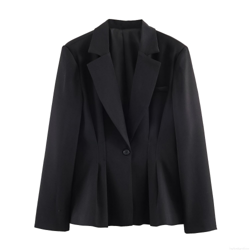 Women's Elegant Solid Color Blazer Jacket Ruffle Hem Slim Fit Lapel Long Sleeve Professional Suit Coat For Office Career Lady Work Outerwear