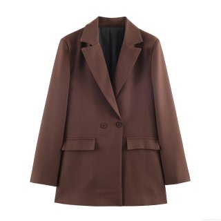 Women's Elegant Solid Brown Blazer Notched Lapel Double Breasted Loose Fit Suit Jacket With Flap Pockets Black Lining For Office Business Casual Work