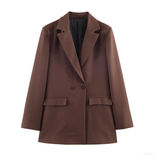 Women's Elegant Solid Brown Blazer Notched Lapel Double Breasted Loose Fit Suit Jacket With Flap Pockets Black Lining For Office Business Casual Work
