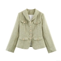 Women's Elegant Tweed Blazer Jacket With Pearl Buttons And Flap Pockets Single Breasted Long Sleeve Outerwear For Office Commute Ladies British Style