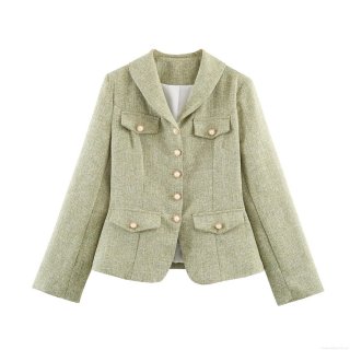 Women's Elegant Tweed Blazer Jacket With Pearl Buttons And Flap Pockets Single Breasted Long Sleeve Outerwear For Office Commute Ladies British Style
