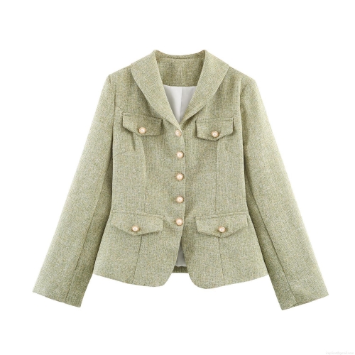 Women's Elegant Tweed Blazer Jacket With Pearl Buttons And Flap Pockets Single Breasted Long Sleeve Outerwear For Office Commute Ladies British Style