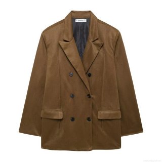 Women's Vintage British Style Loose Double Breasted Suede Like Blazer Jacket Solid Color Casual Long Sleeve Suit Coat Outwear for Commuting