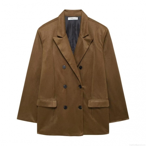 Women's Vintage British Style Loose Double Breasted Suede Like Blazer Jacket Solid Color Casual Long Sleeve Suit Coat Outwear for Commuting