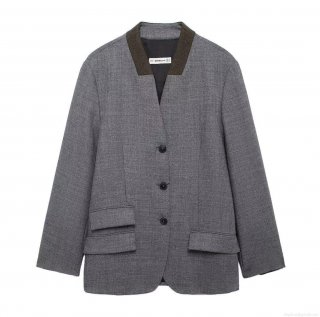 Women's Vintage Grey Blazer Jacket With Contrast Brown Collar Loose Single Breasted Tweed Texture Commuter Suit Coat For Autumn Winter