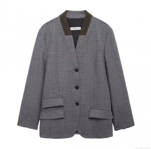 Women's Vintage Grey Blazer Jacket With Contrast Brown Collar Loose Single Breasted Tweed Texture Commuter Suit Coat For Autumn Winter