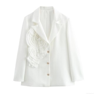 Women's Elegant White Blazer Jacket With 3D Floral Decoration Notched Lapel Slim Fit Long Sleeve Single Breasted Suit Coat For Office Lady Formal Work Wear Professional Sophisticated Stylish Outerwear