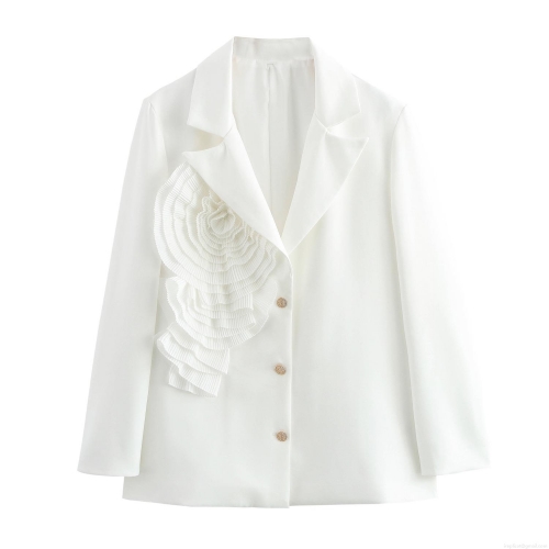 Women's Elegant White Blazer Jacket With 3D Floral Decoration Notched Lapel Slim Fit Long Sleeve Single Breasted Suit Coat For Office Lady Formal Work Wear Professional Sophisticated Stylish Outerwear