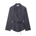 Women's Grey Pinstripe Blazer Jacket With Waist Belt Professional Office Commuter Suit Notched Lapel Single Breasted Long Sleeve Outerwear Coat